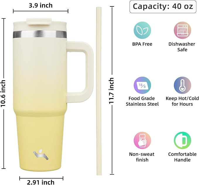 Konokyo 40 oz Tumbler with Handle and 2 Straws,2 in 1 Lid Insulated Water Bottle Stainless Steel Travel Coffee Mug,Lemon