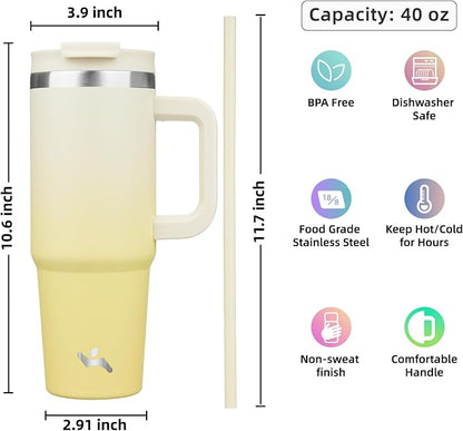 Konokyo 40 oz Tumbler with Handle and 2 Straws,2 in 1 Lid Insulated Water Bottle Stainless Steel Travel Coffee Mug,Lemon