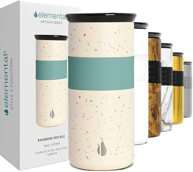 Elemental Artisan Insulated Tumbler, Triple Wall Coffee Travel Mug, Reusable Stainless Steel Coffee Tumbler with Ceramic Lid, Thermal Coffee Cups for Hot (6 Hrs) & Cold (18 Hrs), 16oz- Rainbow Speckle