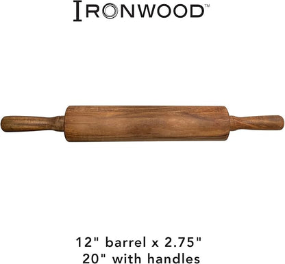 Ironwood Gourmet Acacia Wood Rolling Pine, 12" barrel x 2.75"