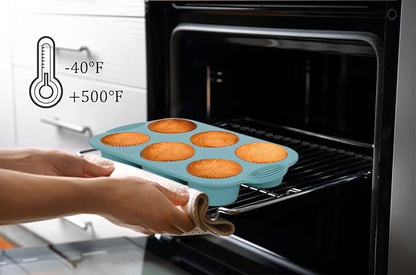 Silicone Muffin Pan - 6-Cavity Nonstick Baking Tray for Muffins, Cupcakes, Brownies and More - Food Grade and BPA Free - Pack of 3 Colors (Gray, Orange, Peacock Blue)