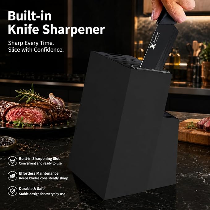XANAPON 19-Piece Black Kitchen Knife Set with Block and Built-in Sharpener, High Carbon Stainless Steel Chef Knives Set for Kitchen with 8 Steak Knives, Ergonomic Handles, Perfect Housewarming Gift