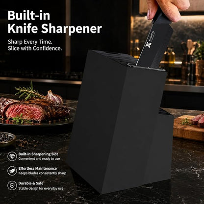 XANAPON 19-Piece Black Kitchen Knife Set with Block and Built-in Sharpener, High Carbon Stainless Steel Chef Knives Set for Kitchen with 8 Steak Knives, Ergonomic Handles, Perfect Housewarming Gift