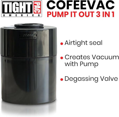 COFFEEVAC Pump It Out Airtight Coffee Container – Vacuum Storage Container for Ground Coffee Beans – Patented Vacuum Seal with Degassing Valve, 1/2 lb, Black