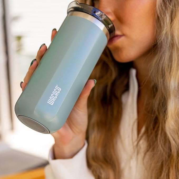 WACACO Octaroma Grande Vacuum Insulated Coffee Mug, 15 fl oz (435ml), Double-wall Stainless Steel Travel Tumbler With Drinking Lid, Cadet Blue