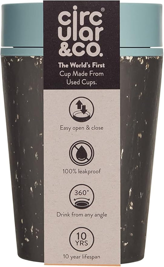 Circular and Co Leakproof Reusable Coffee Cup 8oz/227ml - The World's First Travel Mug Made from Recycled Coffee Cups, 100% Leak-Proof, Sustainable & Insulated. (Black & Faraway Blue)