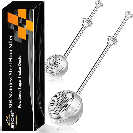 JETKONG 2 Pcs Flour Sifter, Stainless Steel Flour Duster for Bread Baking, Bakers Dusting Wand for Powdered Sugar and Spices (Small+Large, Silver)