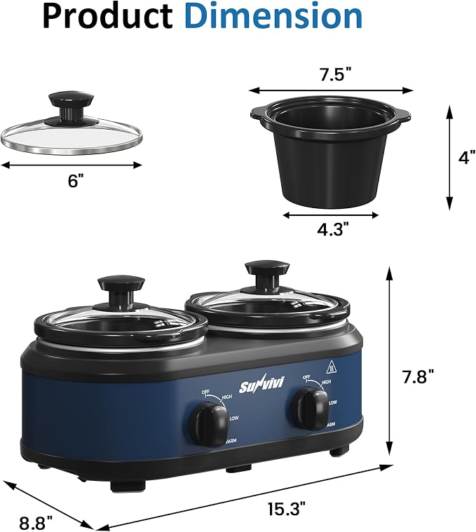 Double Slow Cooker,2 Removable Pots Small Mini Crock Buffet Server and Warmer with Adjustable Temp, Visible Glass Lids, Dishwasher Safe, 2 x 1.25 Quart, Blue