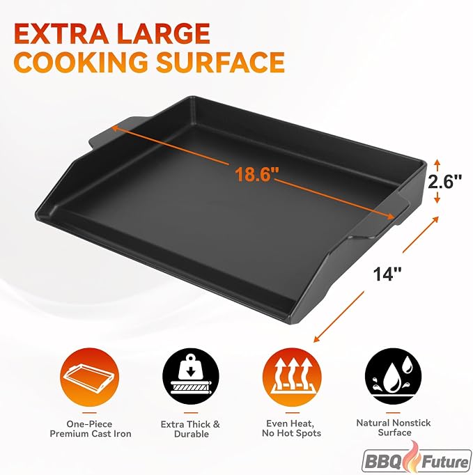 BBQ Future Universal Griddle for Gas Grill with spatula set, 18" x 14" Nonstick Cast Iron Outdoor Gas Grill Griddle Insert, Large BBQ Flat Top Plate fits Electric/Stove Accessories