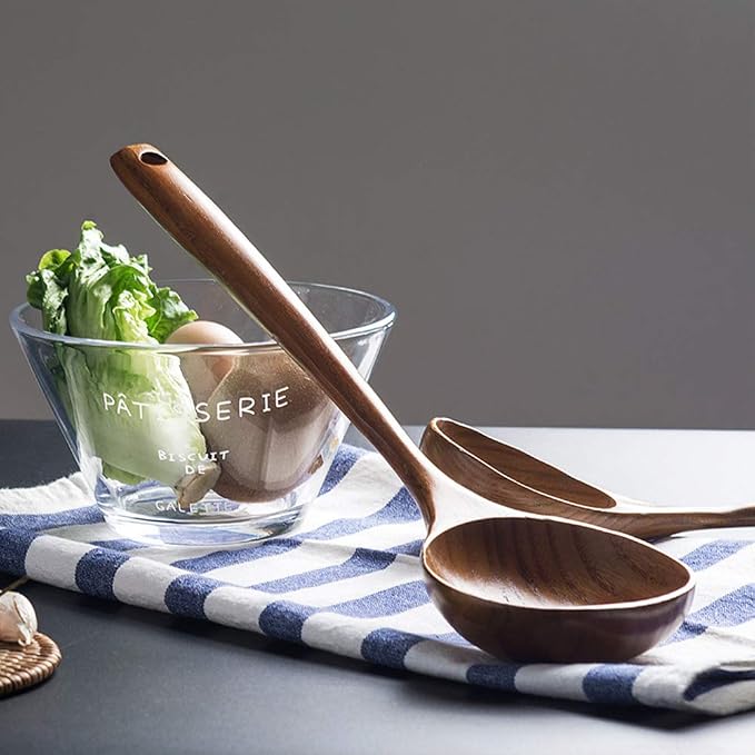 2 Pcs Wooden Spoon Ladle for Cooking Spoons Best Non Toxic Kitchen Tools -14 inch Long Kitchen Cooking Utensil & 11 inch Best Wood Spoons Large Deep Ladle Serving Spoons Soup Ladles Set