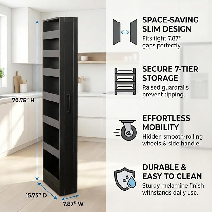 Slim Rolling Storage Cart, 7-Tier Pull-Out Spice Rack with Handle & Wheels, Narrow Kitchen Organizer for Next to Fridge, Pantry, Laundry Room, 7.87 Inch Wide Space Saver (Black, Hidden Wheels)
