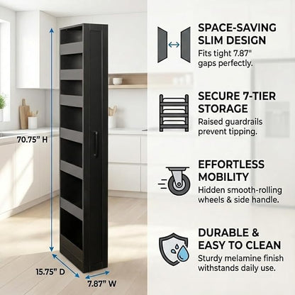 Slim Rolling Storage Cart, 7-Tier Pull-Out Spice Rack with Handle & Wheels, Narrow Kitchen Organizer for Next to Fridge, Pantry, Laundry Room, 7.87 Inch Wide Space Saver (Black, Hidden Wheels)