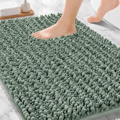 Bathroom Rugs Non Slip Washable 32x20, Extra Thick Soft Chenille Absorbent Bath Mat, High Density Barrier Non Slip Backing, Quick Dry Plush Shaggy Floor Carpet for Tub&Shower, Sage Green