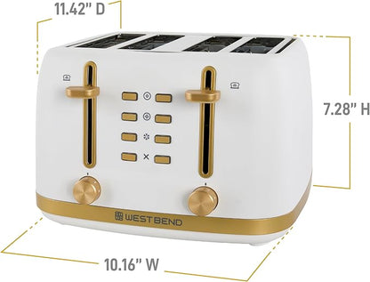 West Bend Timeless 4-Slice Toaster with 7 Browning Levels, Bagel/Waffle/Defrost Settings, High-Lift Lever, Anti-Jam, Easy-Clean Crumb Tray, 4-Slice, White/Gold