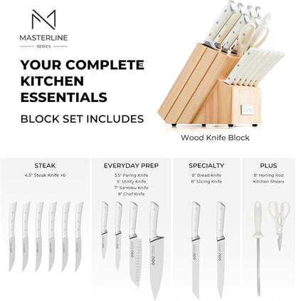 Knife Set, 15 Pcs German High Carbon Stainless Steel Kitchen Knife Set, Knife Sets with Block and Sharpener,Enduring Razor-Sharp FSC Wooden Knives Block Set for Kitchen，Nature