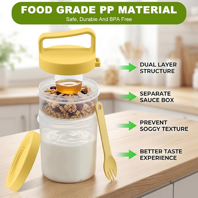 Overnight Oats Container 2 Pack, 31 fl oz Dual Layer Parfait Cups with Lids and Forks, 19 oz Bottom + 12 oz Top, 3.23 in Wide Mouth, Leak Resistant Meal Prep Jar for Yogurt Granola Salad