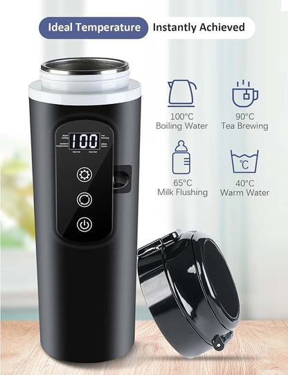 Intelligent 12V Car Electric Kettle with Touchscreen, 13.5oz Travel Kettle, 304 Stainless Steel, Leak-Proof Lid, Variable Temperature (113-212°F) for Coffee, Tea & Milk – Ideal for Trucks, Buses, Cars