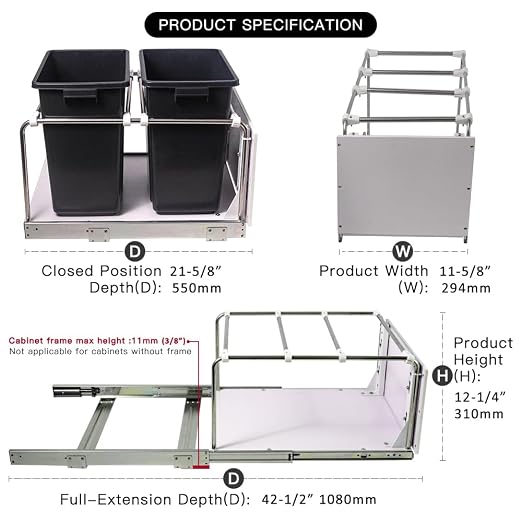 Pull Out Trash Can Rack Under Cabinet Adjustable 1-3 Bin Holder with Heavy-Duty Soft-Close Slides, Sturdy Wooden Base Support, Door Mounting for Kitchen, Living Room (Small)