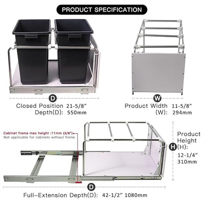 Pull Out Trash Can Rack Under Cabinet Adjustable 1-3 Bin Holder with Heavy-Duty Soft-Close Slides, Sturdy Wooden Base Support, Door Mounting for Kitchen, Living Room (Small)