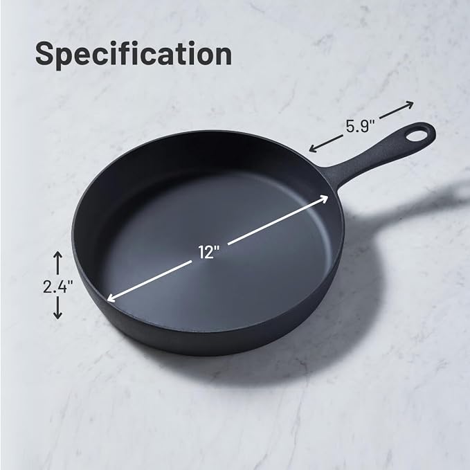 Flambo 12 Inch Smooth Cast Iron Skillet - Naturally Non-Stick, Pre-Seasoned Frying Pan, Smooth Finish for Grilling, Frying, Sauteing, Searing, Baking - Use on Oven, Stove, Grill, or Campfire