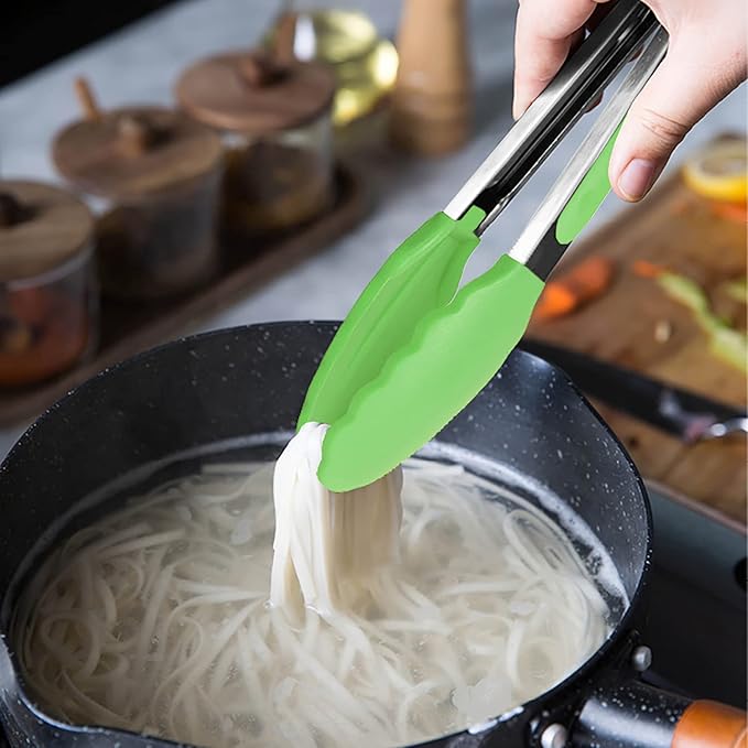HINMAY Mini Tongs with Silicone Tips 7 Inches Silicone Cooking Tongs, Set of 3 (Green)