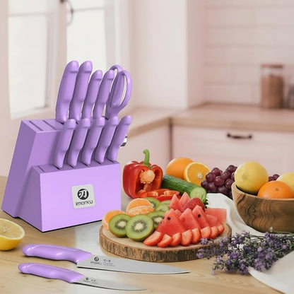 imarku 14-Piece Purple Knife Set with Block – Glides Through Meat, Fish, Veggies & Bread – Standout Color for Stylish Kitchens – Built-in Sharpener – Elegant Gift for Mom, Wife, and Yourself