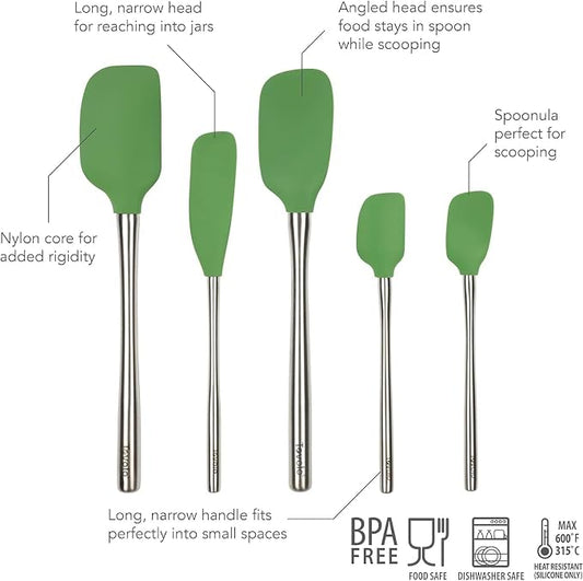Tovolo Stainless Steel Handled Silicone Spatula Set of 5 Oyster Gray, Dishwasher Safe Kitchen Spatula Set for Cooking Baking, Non Toxic BPA Free Silicone Spatula set with Metal Steel Handle