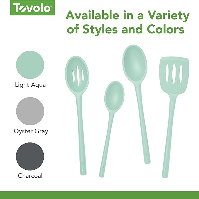 Tovolo Flex Core Silicone Slotted Deep Spoon for Cooking Mixing Baking, Dishwasher Safe BPA Free All Silicone Kitchen Utensil Heat Resistant Nonstick Safe Slotted Serving Spoon, Aqua Seafoam Green