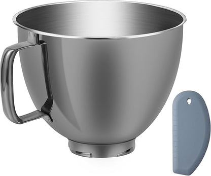 5 Quart Metallic Finish Stainless Steel Mixer Bowl for KitchenAid Classic&Artisan Series 4.5-5 QT Tilt-Head Mixer, Gray Color, Silicone Scraper, Dishwasher Safe, Fit K45SS KSM75 KSM90 KSM150