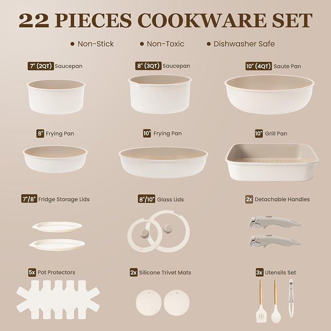 KIKCOIN Nonstick Pots and Pans Set - 22 Pack Cookware Set with Detachable/Removable Handle - Kitchen Cooking Set with Frying Pans, Grill Pan - Stackable, Dishwasher/Oven Safe, Induction Ready