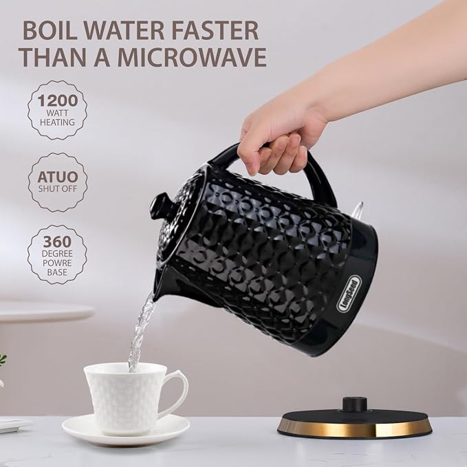 Ceramic Electric Kettle, 1.5L/1200W Boil Water Quickly and Easily with Boil-Dry Protection Auto Shut Off, Detachable Swivel Base, Black Relief Carving