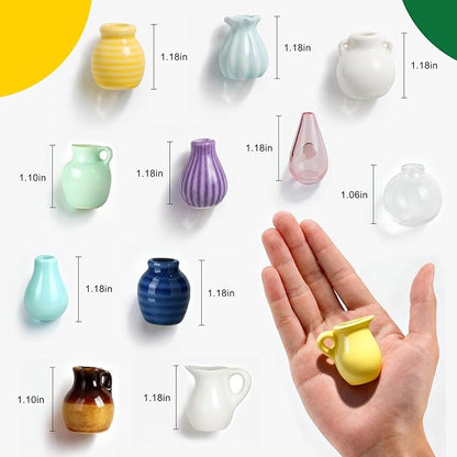 Renmxj 12 Pcs Refrigerator Magnets - Cute Mini Ceramic Vase Fridge Magnets with Artificial Flowers, Funny Tiny Vase Magnet for Fridge Decorative, Office, Kitchen, Locker, Whiteboard