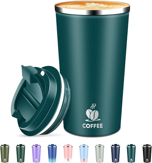 Insulated Travel Coffee Mug Reusable Coffee Tumbler Cup with Flip Lid Leak Proof Spill Proof for Office School Party Camping Hot and Cold Drink,Stainless Steel 17oz (Kingfisher Blue)