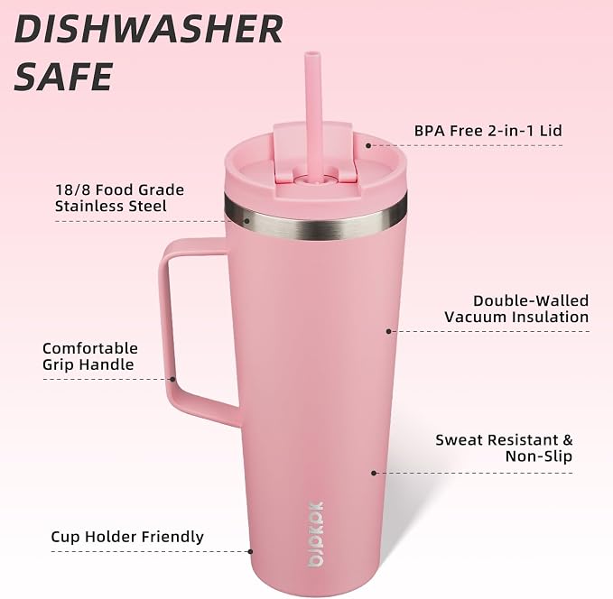 BJPKPK Insulated Tumbler with Handle, 26oz Insulated Tumblers with Lid and Straw, Stainless Steel Metal Water Bottles, Coffee Travel Mugs, Cups, Light Pink