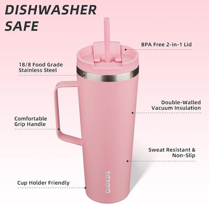 BJPKPK Insulated Tumbler with Handle, 26oz Insulated Tumblers with Lid and Straw, Stainless Steel Metal Water Bottles, Coffee Travel Mugs, Cups, Light Pink