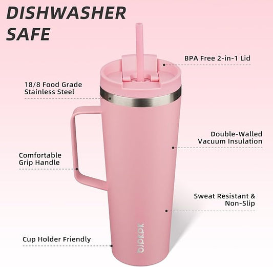 BJPKPK Insulated Tumbler with Handle, 26oz Insulated Tumblers with Lid and Straw, Stainless Steel Metal Water Bottles, Coffee Travel Mugs, Cups, Light Pink