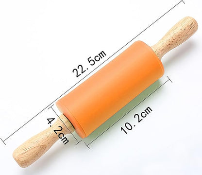 Silicone Rolling Pin, Orange 9 Inch Pin with Wooden Rotatable Handle for Dough of Baking Bread, Cookie, Pizza (orange, 9 inch)