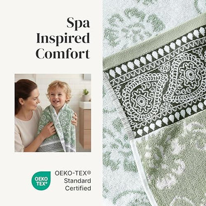 Modern Threads 6 Piece Bath Towel Set – Bathroom Set with 2 Bath Towels, 2 Hand Towels, and 2 Wash Cloths – 100% Cotton, Super Absorbent & Extra Soft – Reversible Floral Trail (Sage Green)