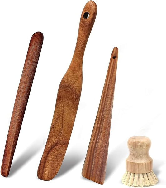 Wooden Kitchen Utensils Set, 4 Pcs Natural Acacia Wood Cooking Tools - Spurtle Set with Spatulas & Cleaning Brush, Non-Scratch for Non-Stick Pans, Safe for Home Cooking