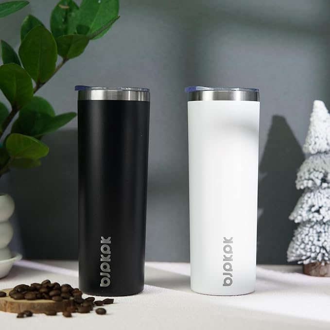 BJPKPK 20 oz Skinny Tumbler with Lid 2 Pack Slim Insulated Travel Coffee Cup Stainless Steel Thermal Mug,Black,White