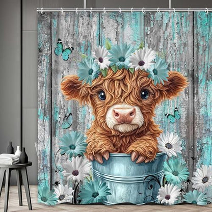 Funny Highland Cow Shower Curtain for Bathroom Decor, Teal Farm Teal Daisy Floral Flowers and Butterfly on Country Wooden Farmhouse Bath Curtain Country Animal Flower Waterproof 12 Hooks 47X64in