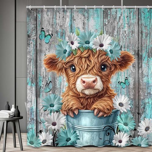 Funny Highland Cow Shower Curtain for Bathroom Decor, Teal Farm Teal Daisy Floral Flowers and Butterfly on Country Wooden Farmhouse Bath Curtain Country Animal Flower Waterproof 12 Hooks 36X72in