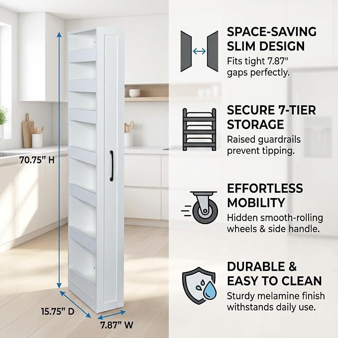 Slim Rolling Storage Cart, 7-Tier Pull-Out Spice Rack with Handle & Wheels, Narrow Kitchen Organizer for Next to Fridge, Pantry, Laundry Room, 7.87 Inch Wide Space Saver (White, Hidden Wheels)
