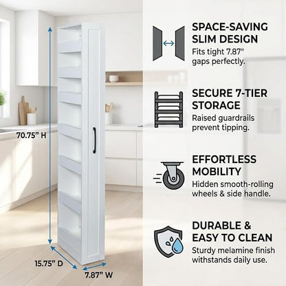 Slim Rolling Storage Cart, 7-Tier Pull-Out Spice Rack with Handle & Wheels, Narrow Kitchen Organizer for Next to Fridge, Pantry, Laundry Room, 7.87 Inch Wide Space Saver (White, Hidden Wheels)