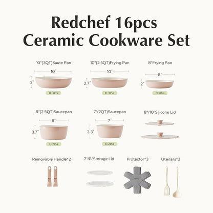 Redchef Pans and Pots Set Nonstick, Ceramic Cookware Set with Detachable Handles 16Pcs, Induction Dishwasher Oven Safe Kitchen Cooking Set, PFAS PFOA & PTFE Free, Pink