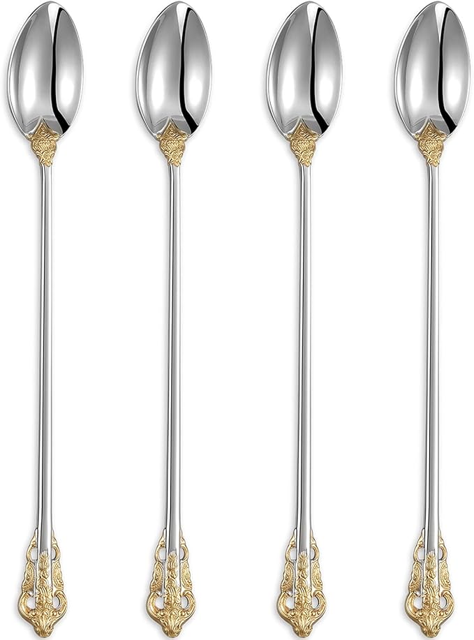 KEAWELL Luxurious 9 Inch Long Iced Tea Spoon Set - 4 Pieces - Gorgeous Design with Exceptional Mirror Polished Finish - 18/10 Stainless Steel- Perfect for Tall Glasses, Cocktails (Gold Accent)