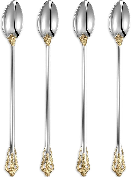 KEAWELL Luxurious 9 Inch Long Iced Tea Spoon Set - 4 Pieces - Gorgeous Design with Exceptional Mirror Polished Finish - 18/10 Stainless Steel- Perfect for Tall Glasses, Cocktails (Gold Accent)