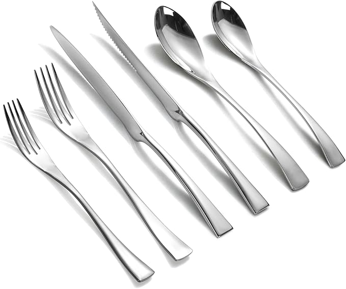 Lemeya 24-Pieces Silverware Set with Steak Knives,Heavy Duty 18/10 Stainless Steel Flatware Set for 4,Modern Cutlery with Forged Stand Knives,Mirror Polished,Dishwasher Safe