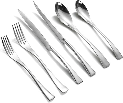 Lemeya 24-Pieces Silverware Set with Steak Knives,Heavy Duty 18/10 Stainless Steel Flatware Set for 4,Modern Cutlery with Forged Stand Knives,Mirror Polished,Dishwasher Safe