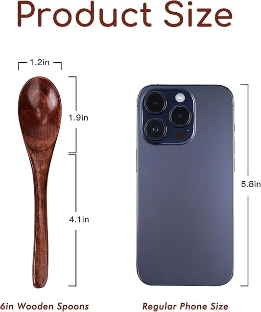 6in Wooden Spoons, 6pcs Soup Spoons Set, Small Wooden Utensils for Coffee, Tea, Jam, Sugar, Ice Cream and Bath Salts (6pcs 6in)